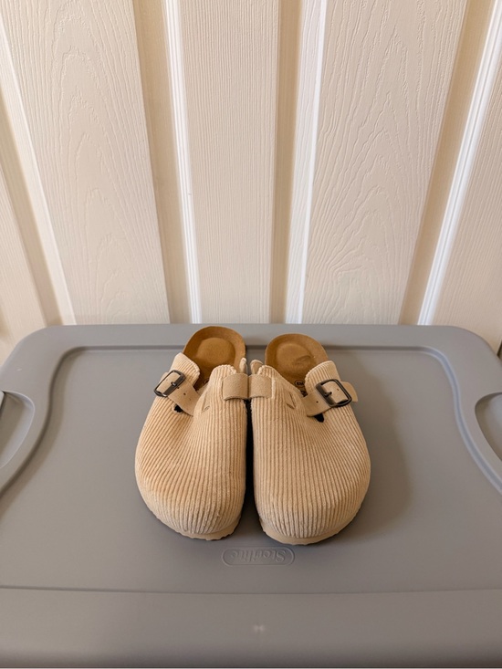 Cushionaire Shoes - Corduroy Slip-On Mules with Buckle Accent in Beige